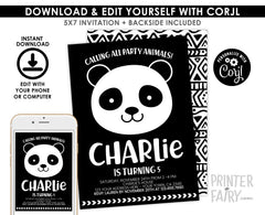 Panda Birthday Invitation, Modern Black White, Any Age (Digital Download)