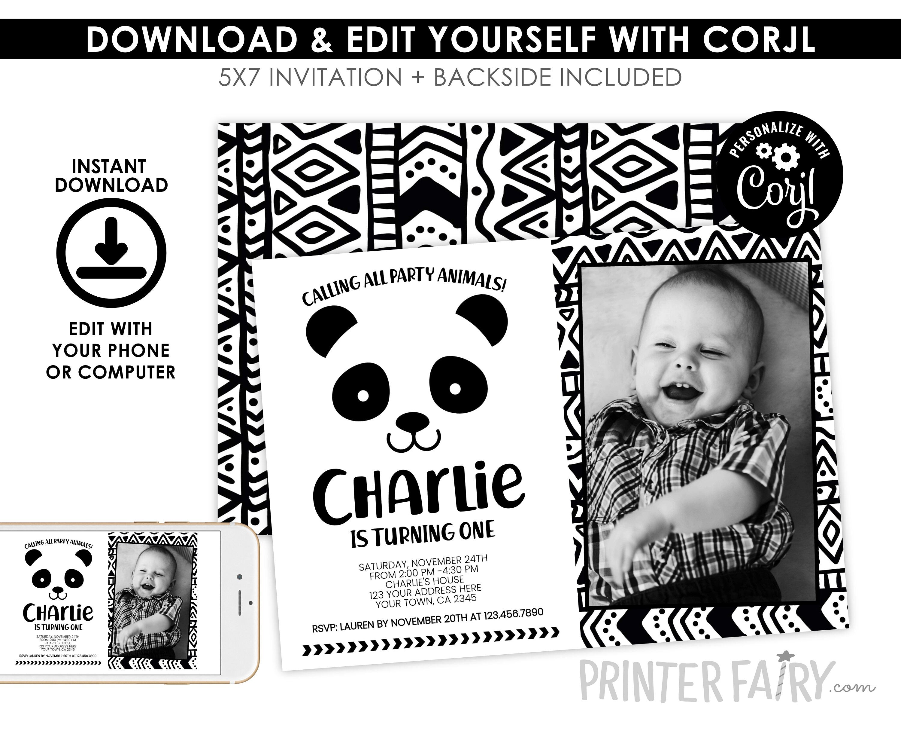 Panda Birthday Invitation with Photo, Black and White (Digital Invite)