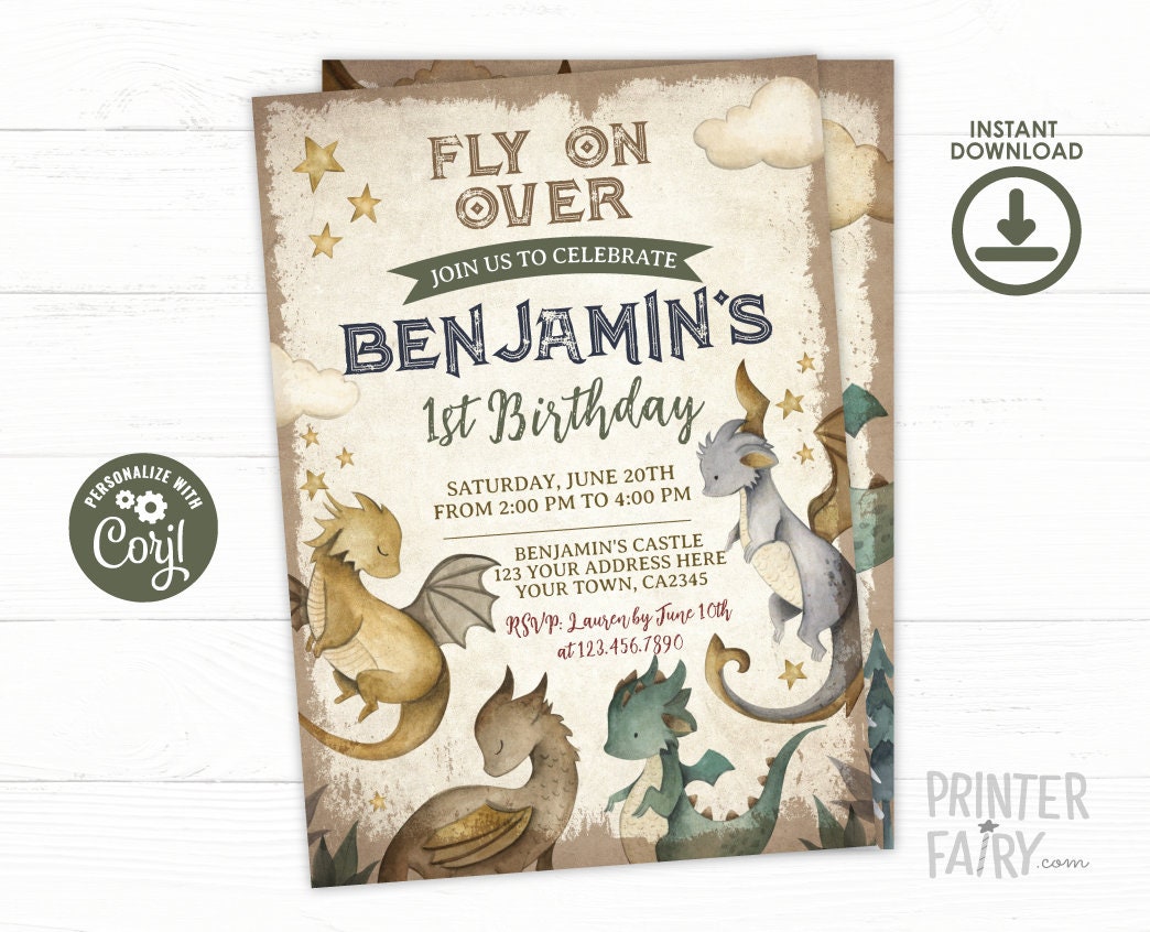 Dragon Party 1st Birthday Invitation Editable Template for any age, Instant Download