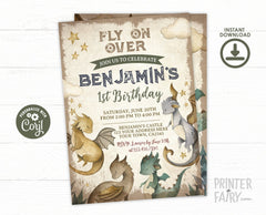 Dragon Party 1st Birthday Invitation Editable Template for any age, Instant Download