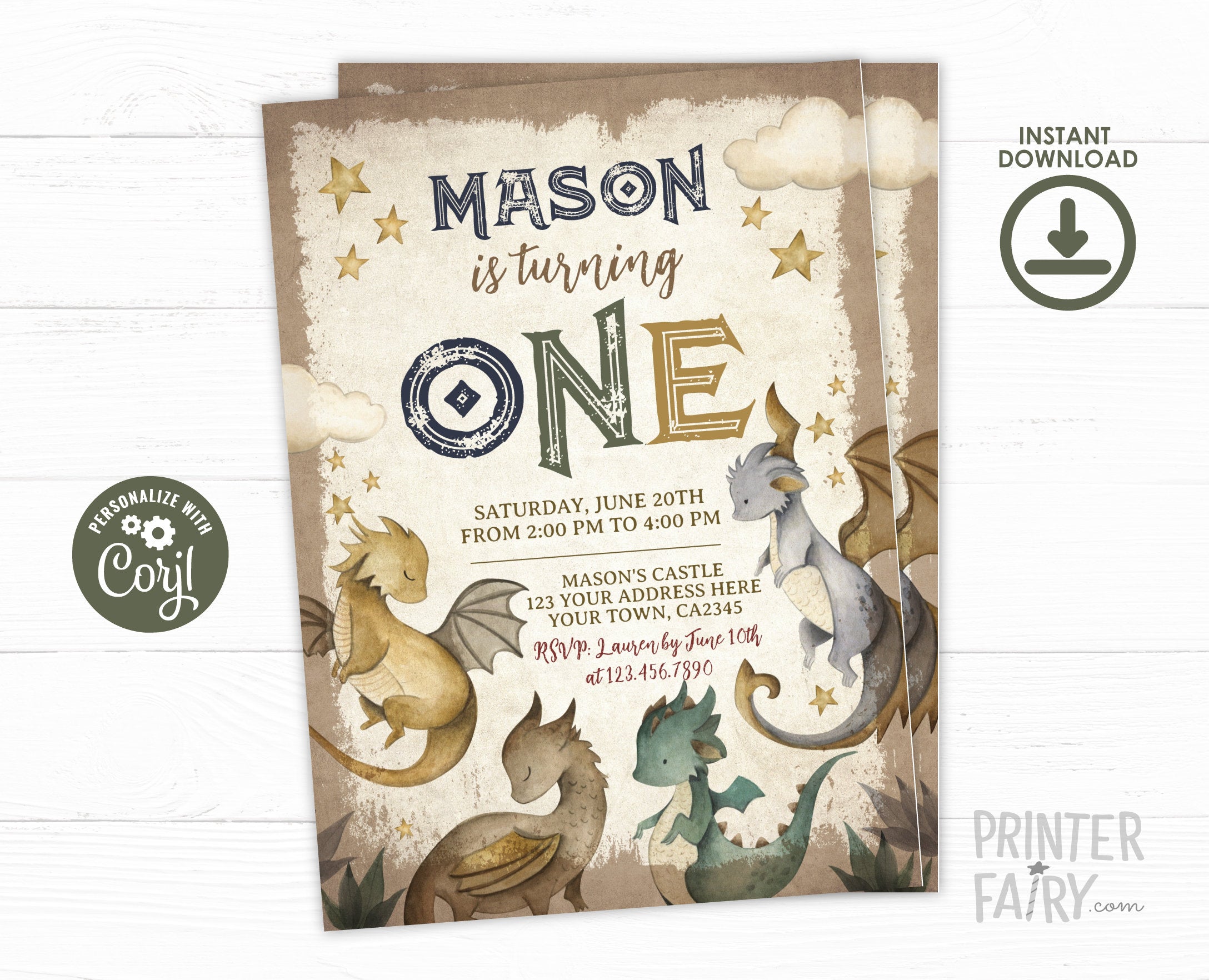 Dragon 1st Birthday Invitation Editable Template, Instant Download