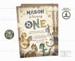 Dragon 1st Birthday Invitation Editable Template, Instant Download