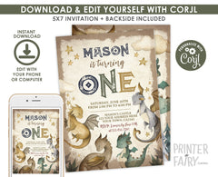 Dragon 1st Birthday Invitation Editable Template, Instant Download