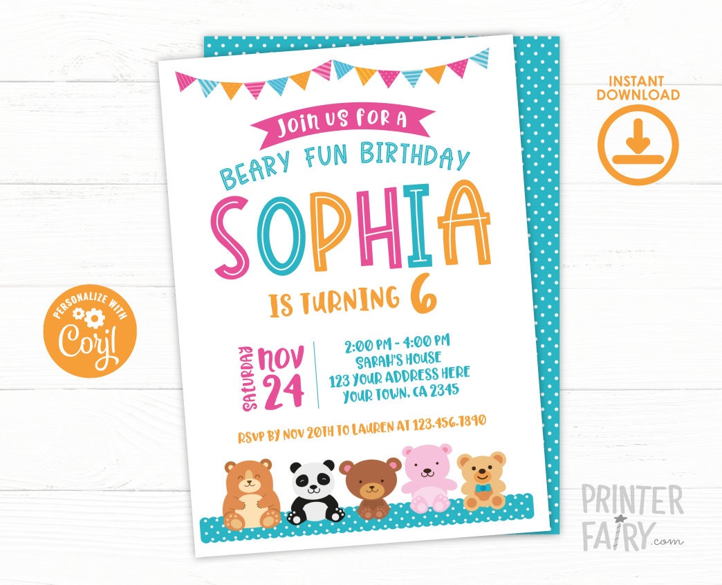 Teddy Bear Birthday Invitation, Editable Bear Theme (Instant Download)