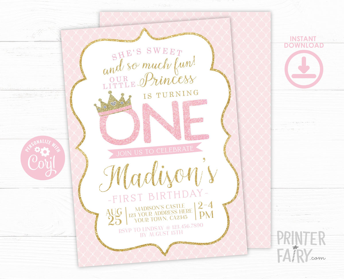 Princess First Birthday Invitation, Pink and Gold, Editable (Digital Download)