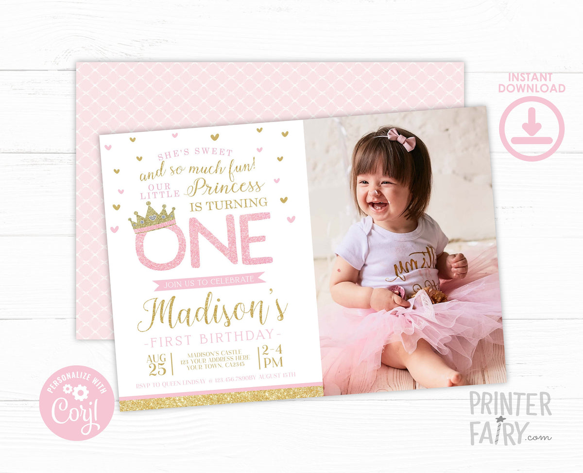 Princess First Birthday Invitation, Pink and Gold, Photo (Digital Download)