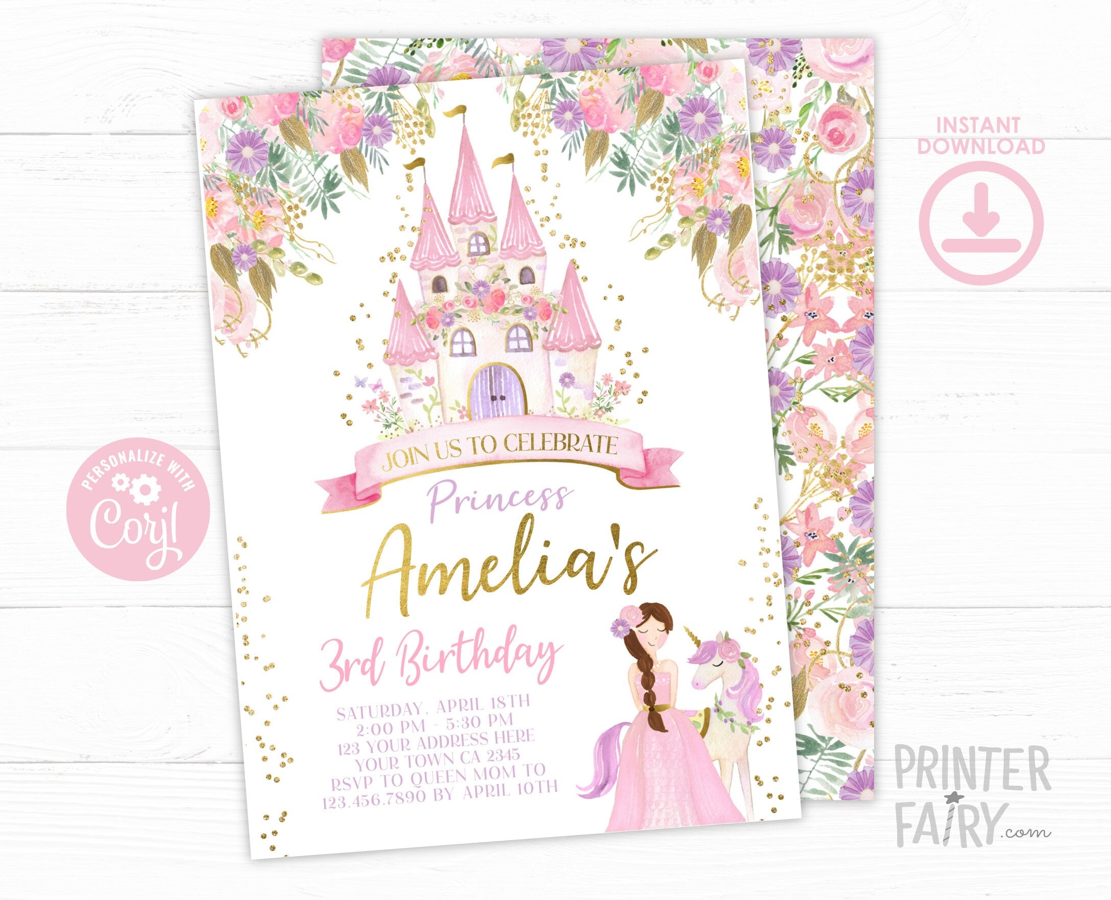 Editable Princess Birthday Invitation, Castle Party (Digital Download)