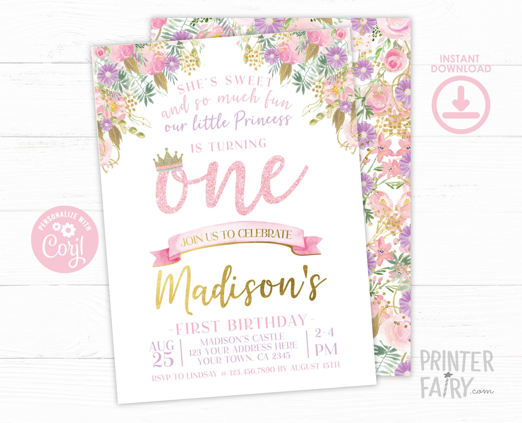 Princess First Birthday Invitation, Royal EDITABLE (Digital Download)