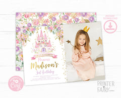 Princess Birthday Invitation Editable Template to personalize with Photo, Instant Download