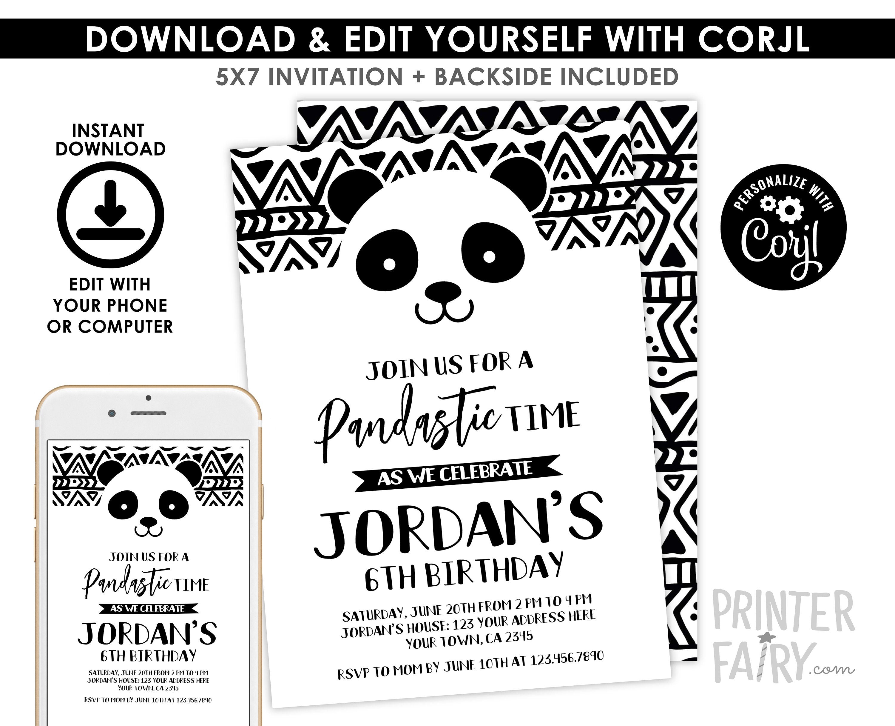 Panda Birthday Invitation Editable Template for any age, Black and White Party (Instant Download)