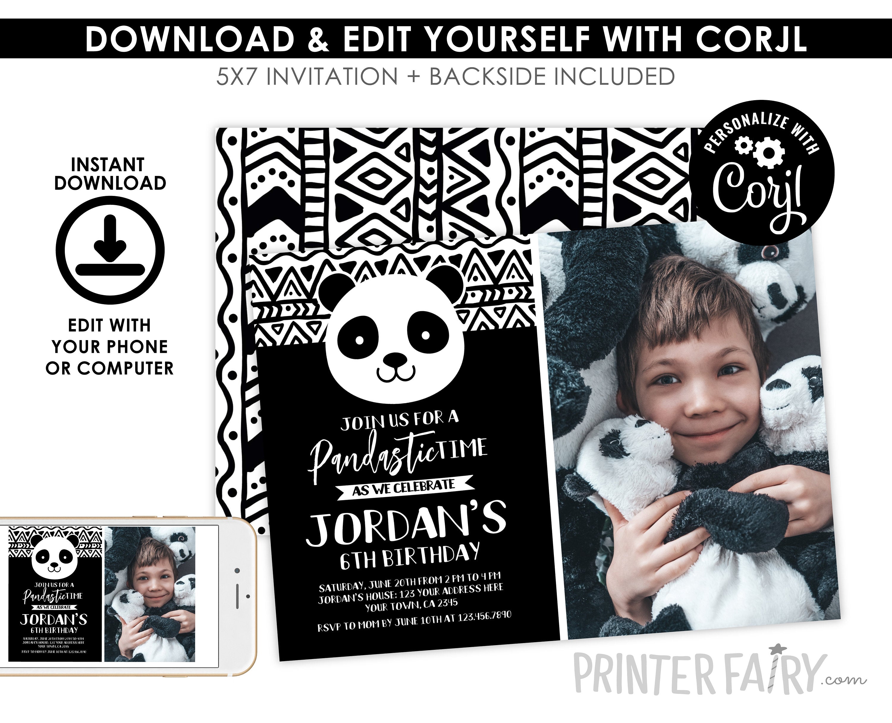 Editable Panda Birthday Invitation, Black and White Party (Instant Download)