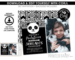 Editable Panda Birthday Invitation, Black and White Party (Instant Download)