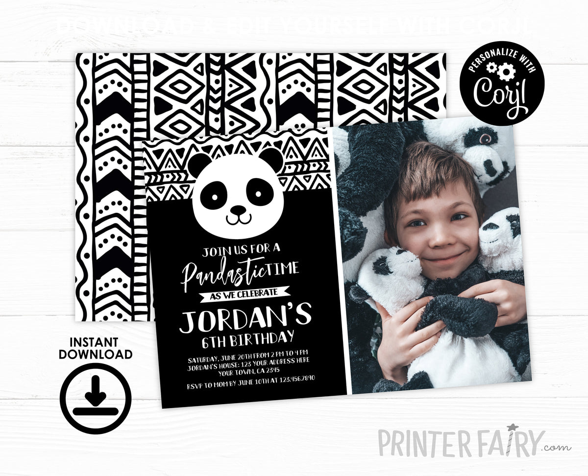 Editable Panda Birthday Invitation, Black and White Party (Instant Download)