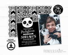 Editable Panda Birthday Invitation, Black and White Party (Instant Download)