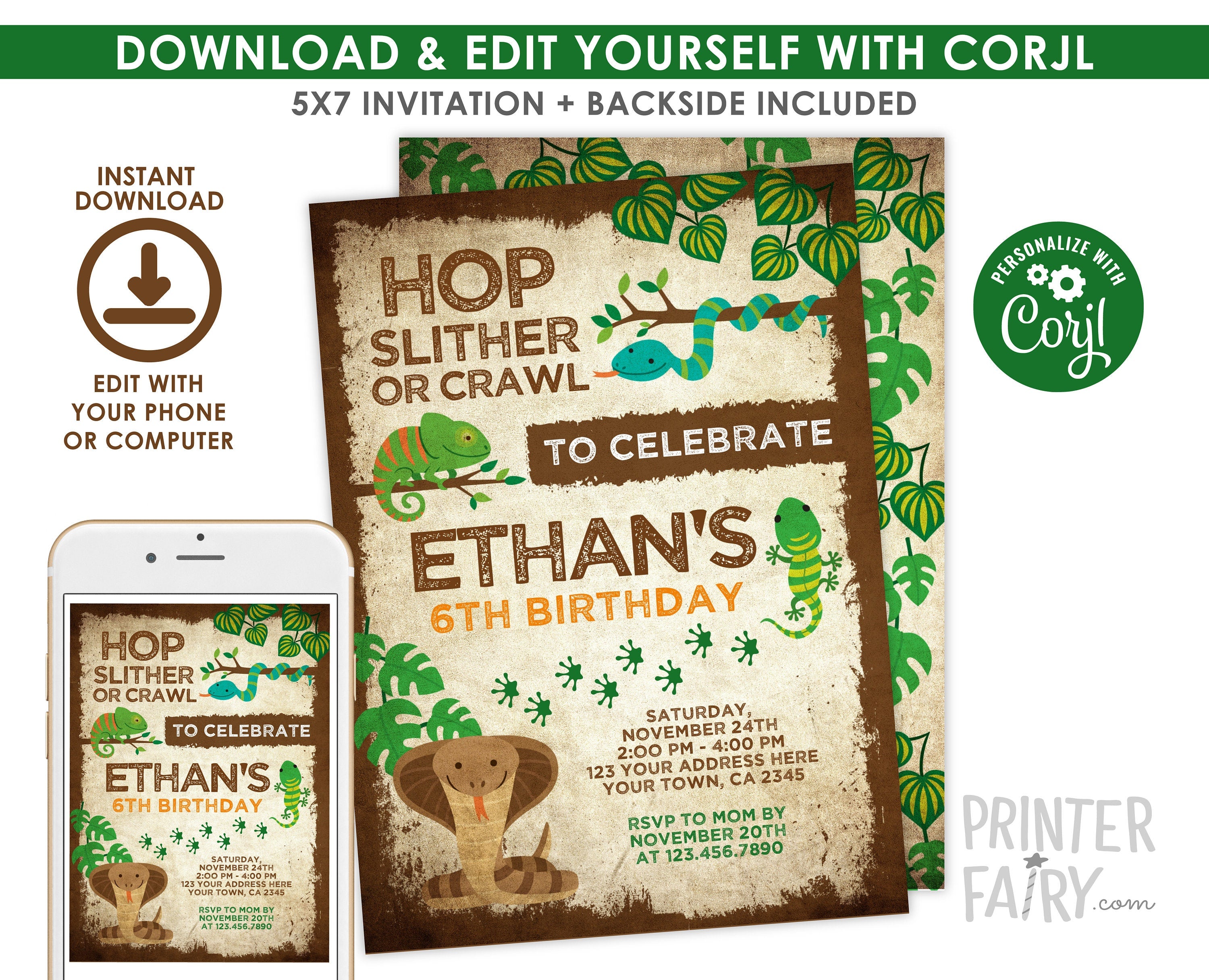 Reptile Birthday Invitation, Editable Animal Party (Digital)