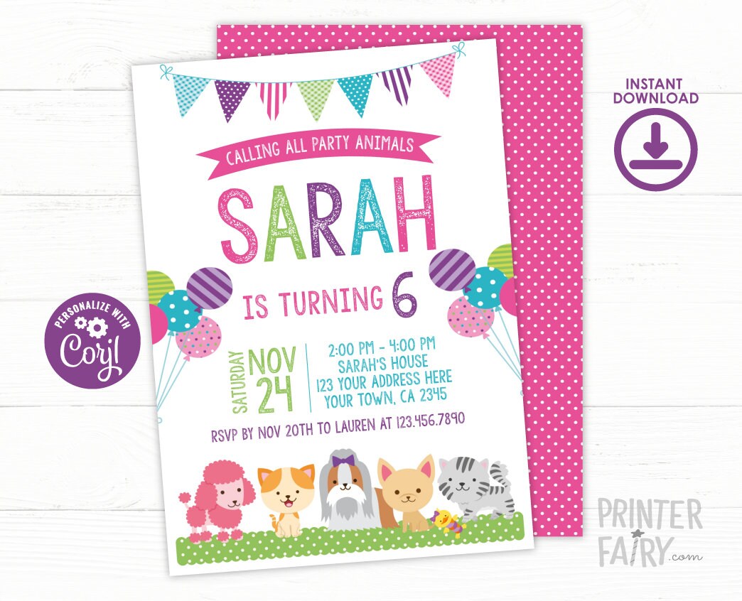 Puppies and Kitties Birthday Invitation EDITABLE Template, Pet Adoption Pawty (INSTANT DOWNLOAD)