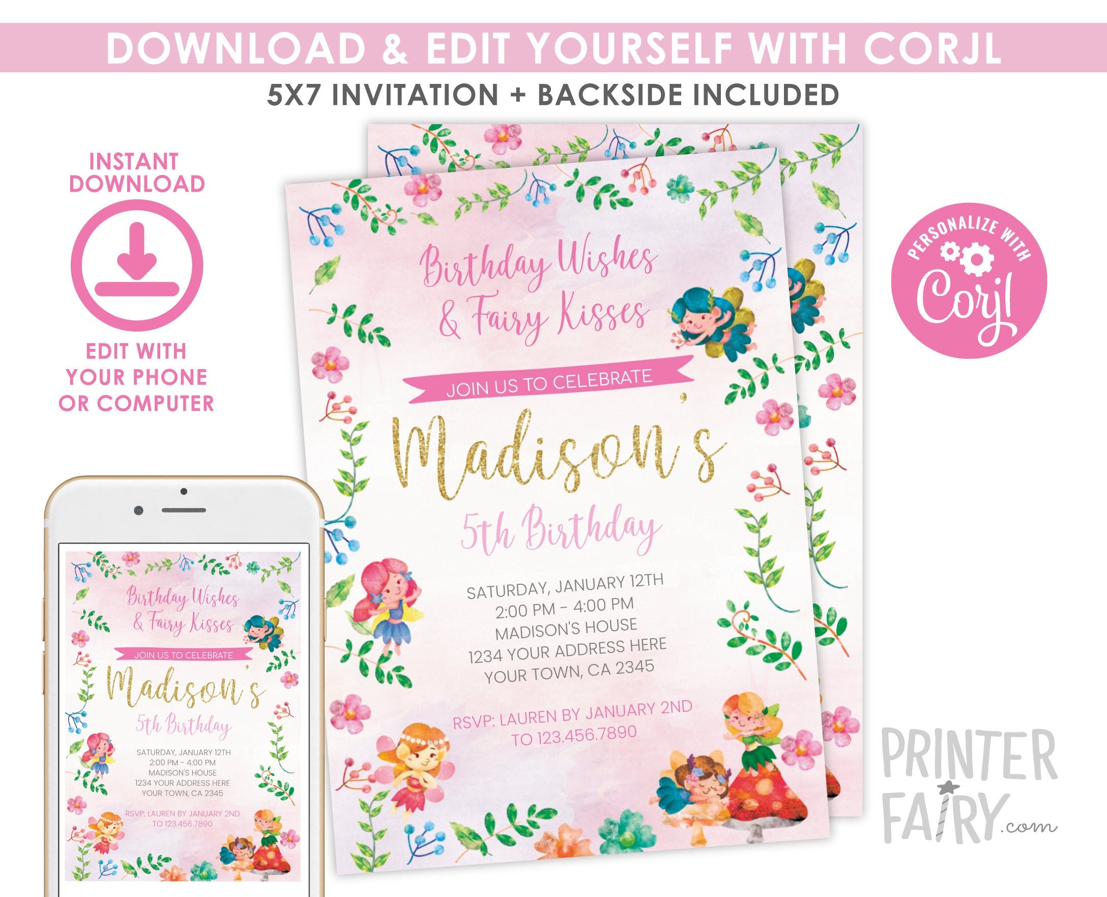 Fairy Birthday Invitation Editable Template, Instant Download