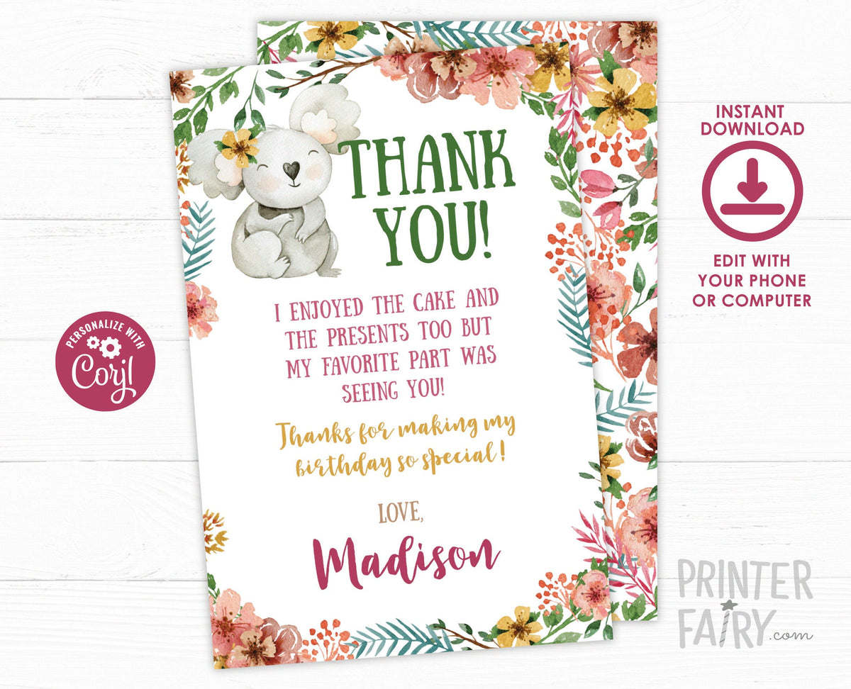 Floral Koala Thank You Card, EDITABLE (Digital Download)