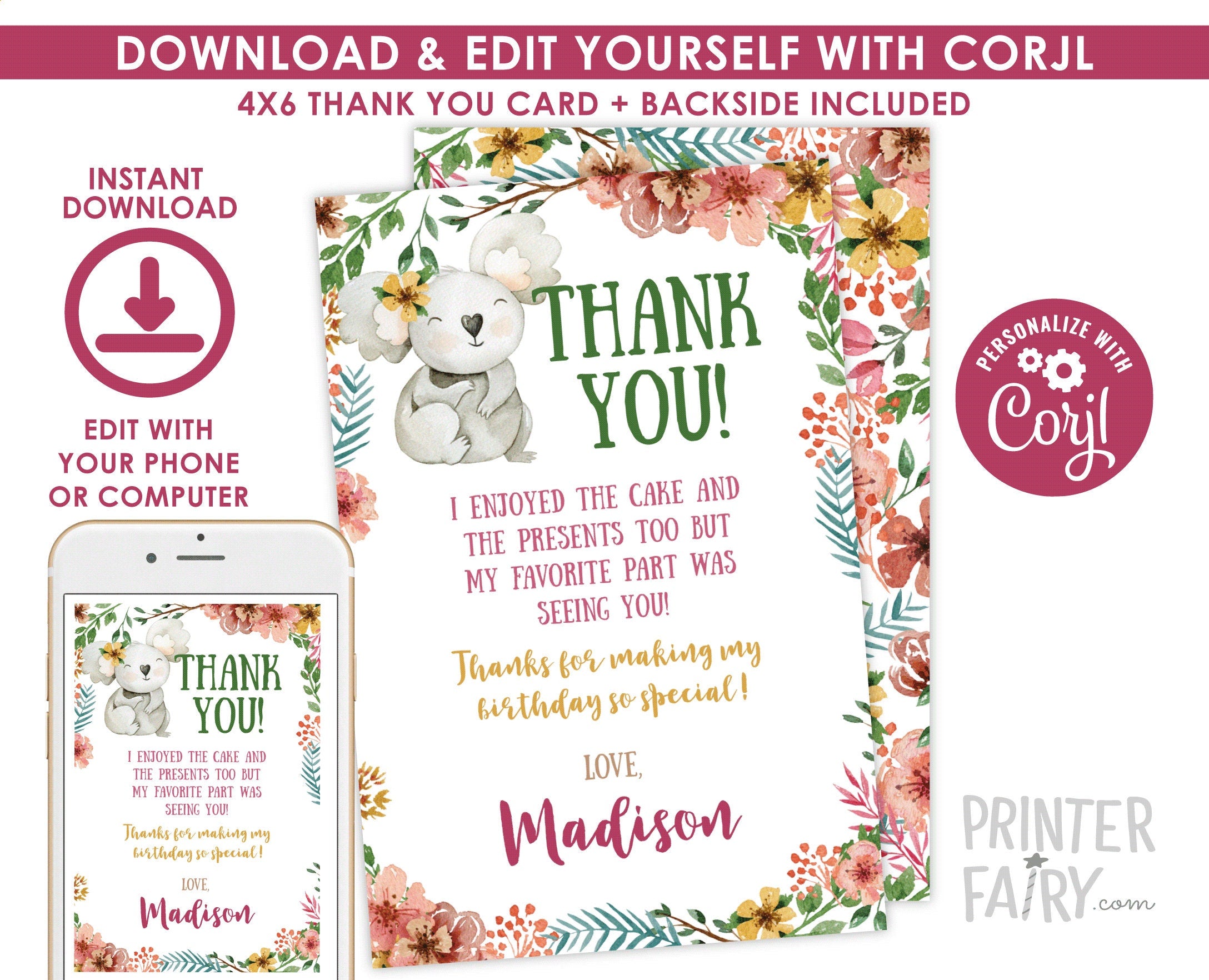 Floral Koala Thank You Card, EDITABLE (Digital Download)