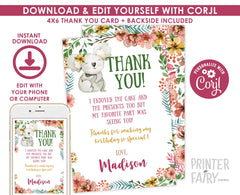 Floral Koala Thank You Card, EDITABLE (Digital Download)