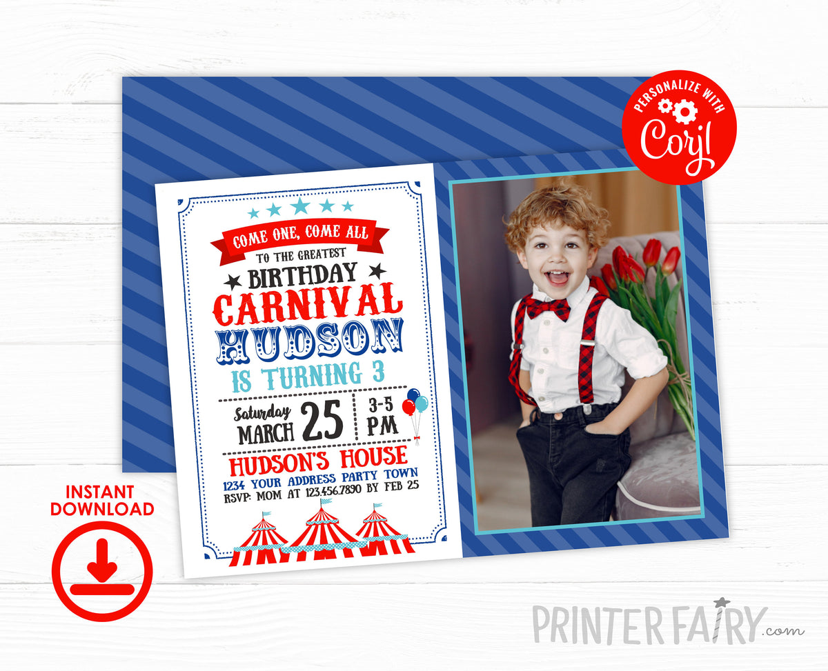 Editable Carnival Birthday Invitation with Photo (Instant Download)