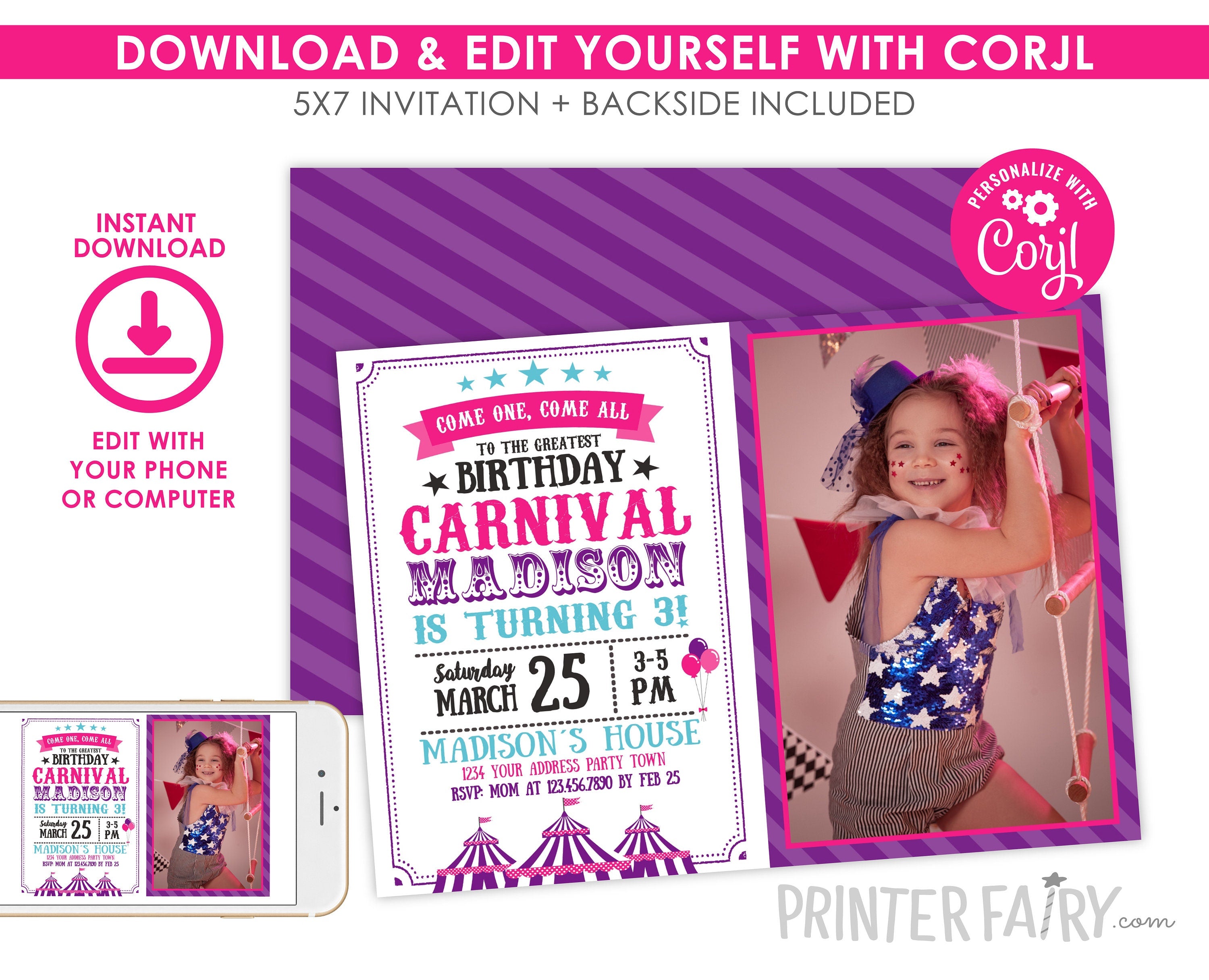 Carnival Birthday Party Invitation Editable Template, Instant Download