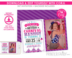 Carnival Birthday Party Invitation Editable Template, Instant Download