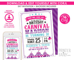 Editable Carnival Birthday Invitation, Circus Party (Instant Download)