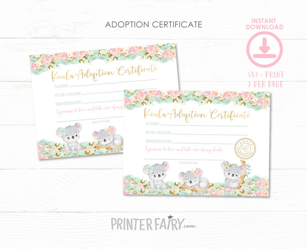 Koala Adoption Certificate & Sign, Birthday Party Decor (Digital Download)