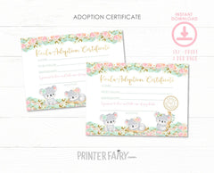 Koala Adoption Certificate & Sign, Birthday Party Decor (Digital Download)