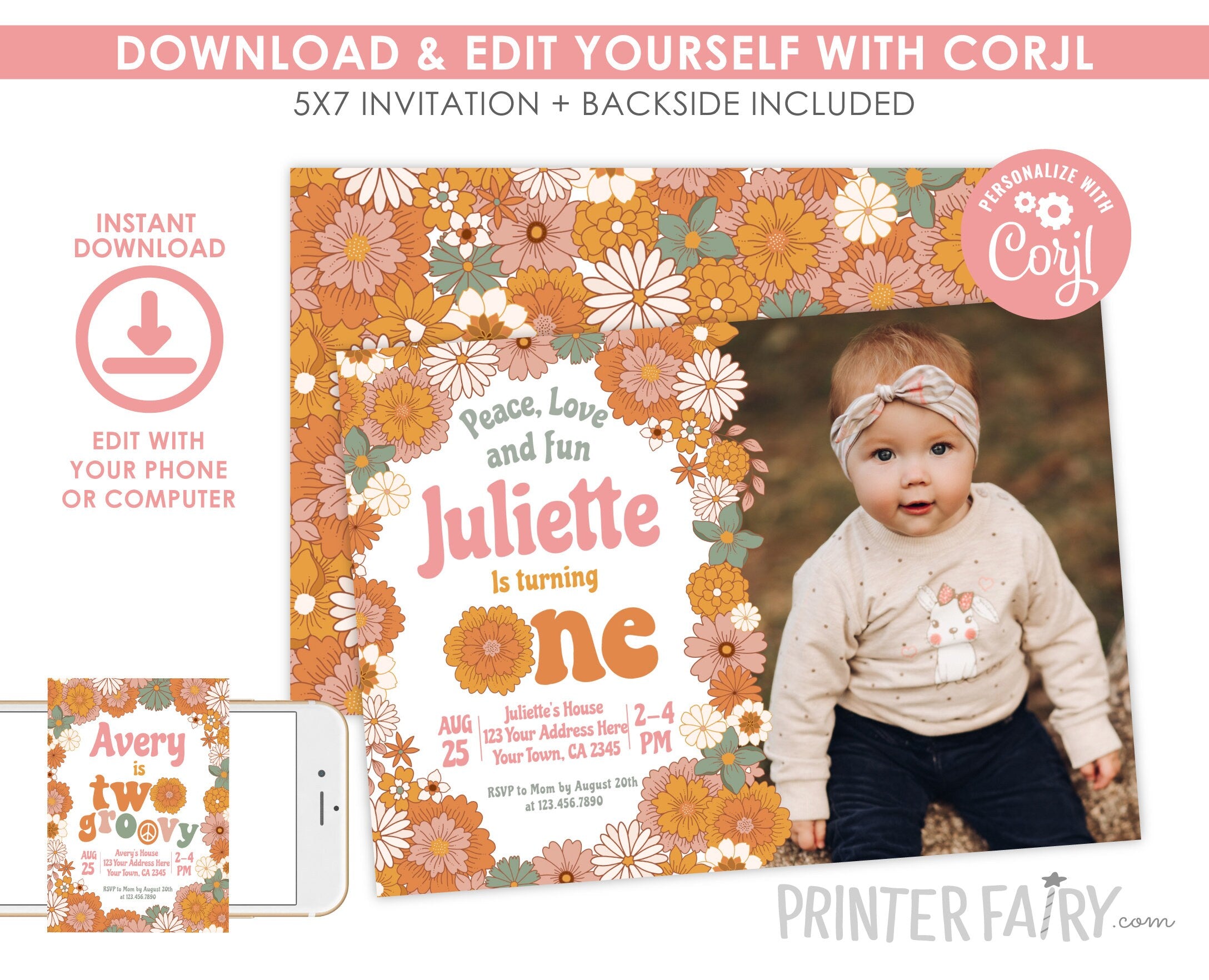 Hippie Floral Birthday Invitation, Retro Groovy One (Editable, Instant Download)
