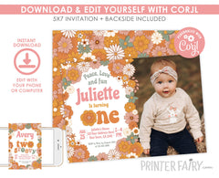 Hippie Floral Birthday Invitation, Retro Groovy One (Editable, Instant Download)