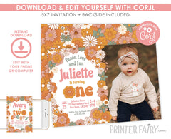 Hippie Floral Birthday Invitation, Retro Groovy One (Editable, Instant Download)