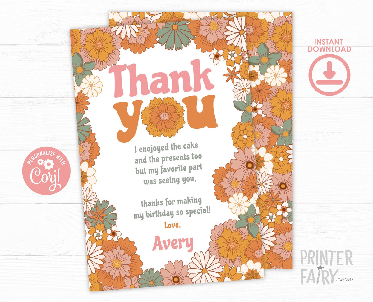Hippie Floral Thank You Card, Retro Birthday (INSTANT DOWNLOAD)