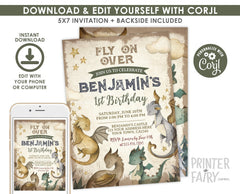 Dragon Party 1st Birthday Invitation Editable Template for any age, Instant Download