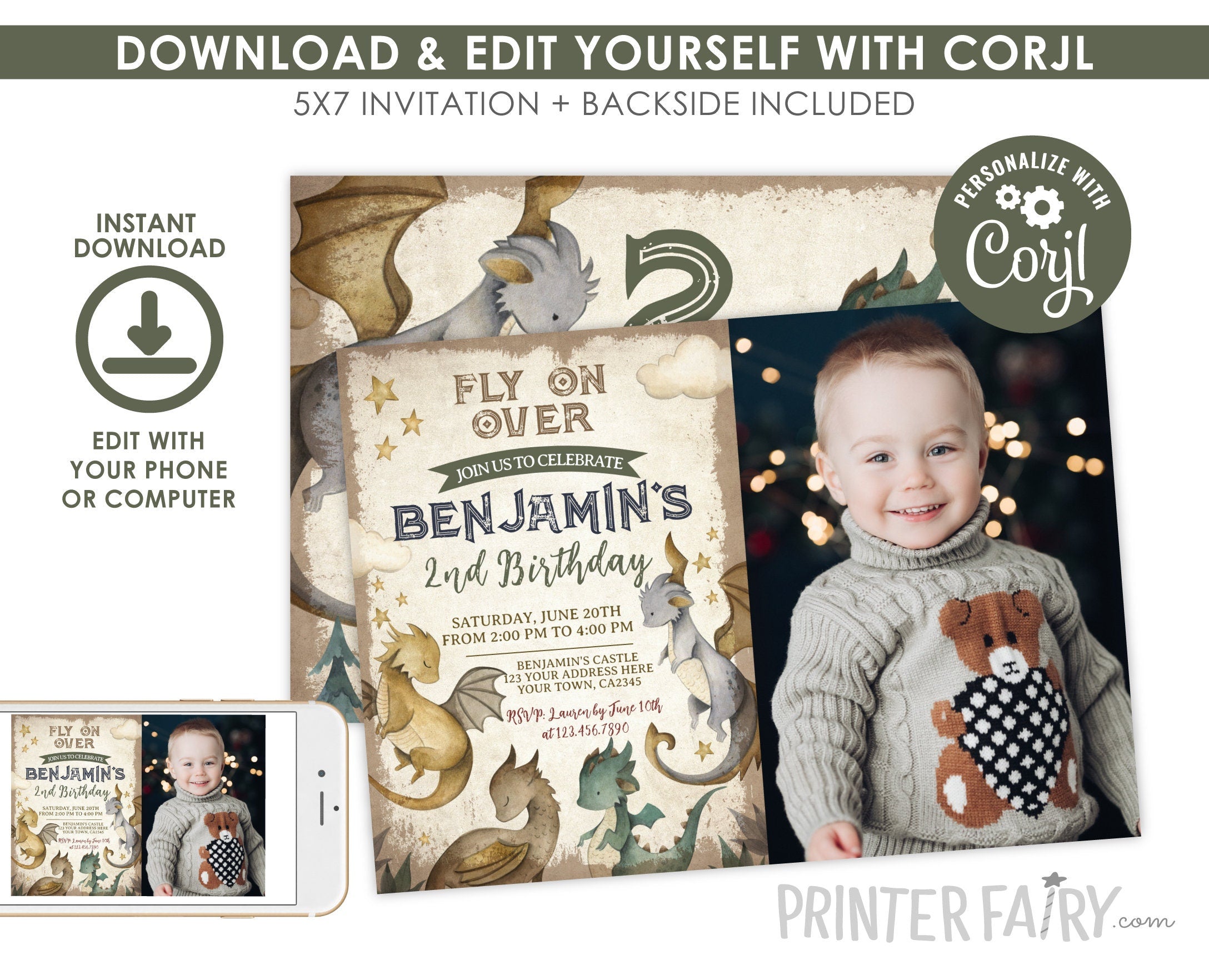 Dragon Birthday Party Theme Invitation with photo Editable Template for Any Age, Instant Download