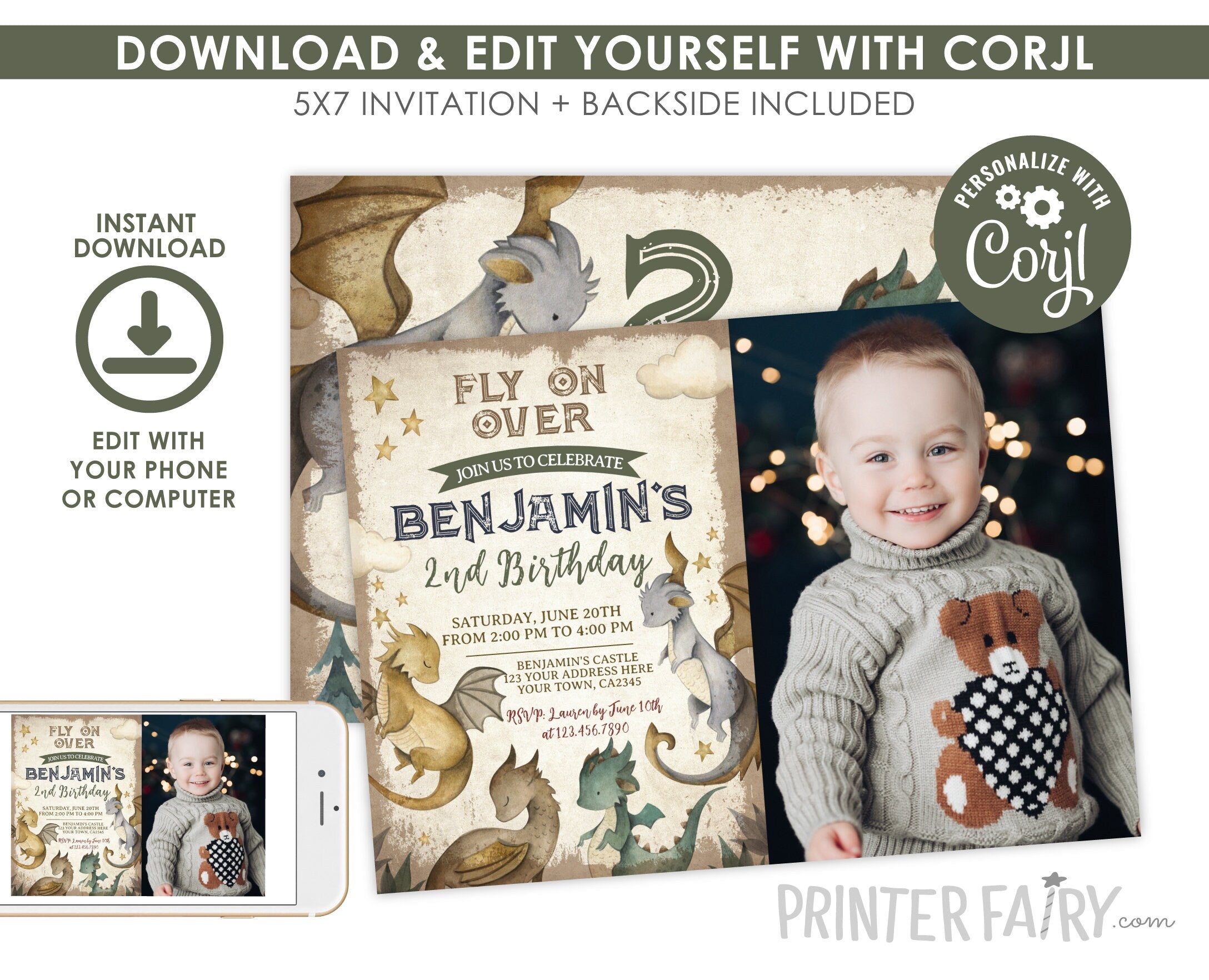 Dragon Birthday Party Theme Invitation with photo Editable Template for Any Age, Instant Download