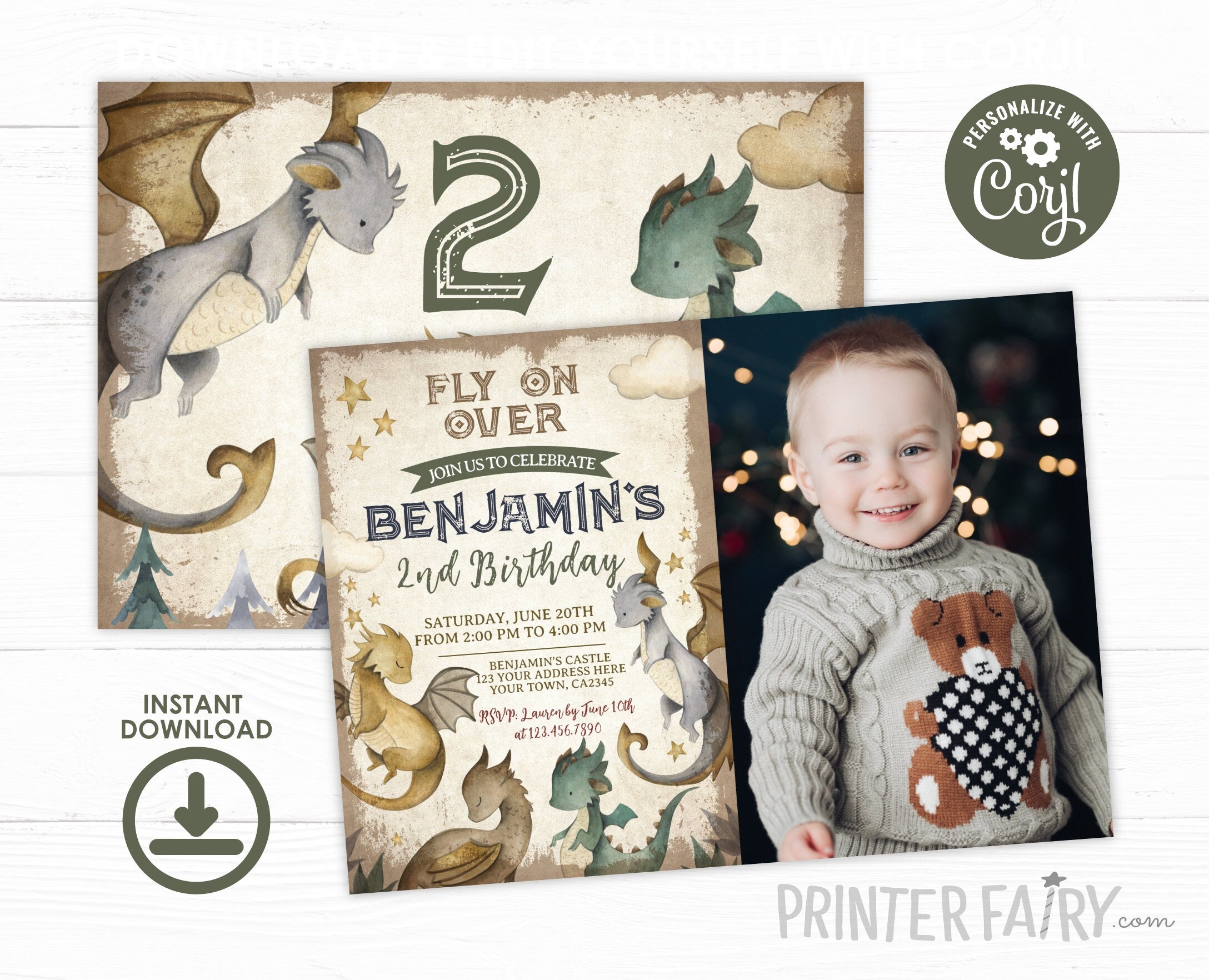 Dragon Birthday Party Theme Invitation with photo Editable Template for Any Age, Instant Download