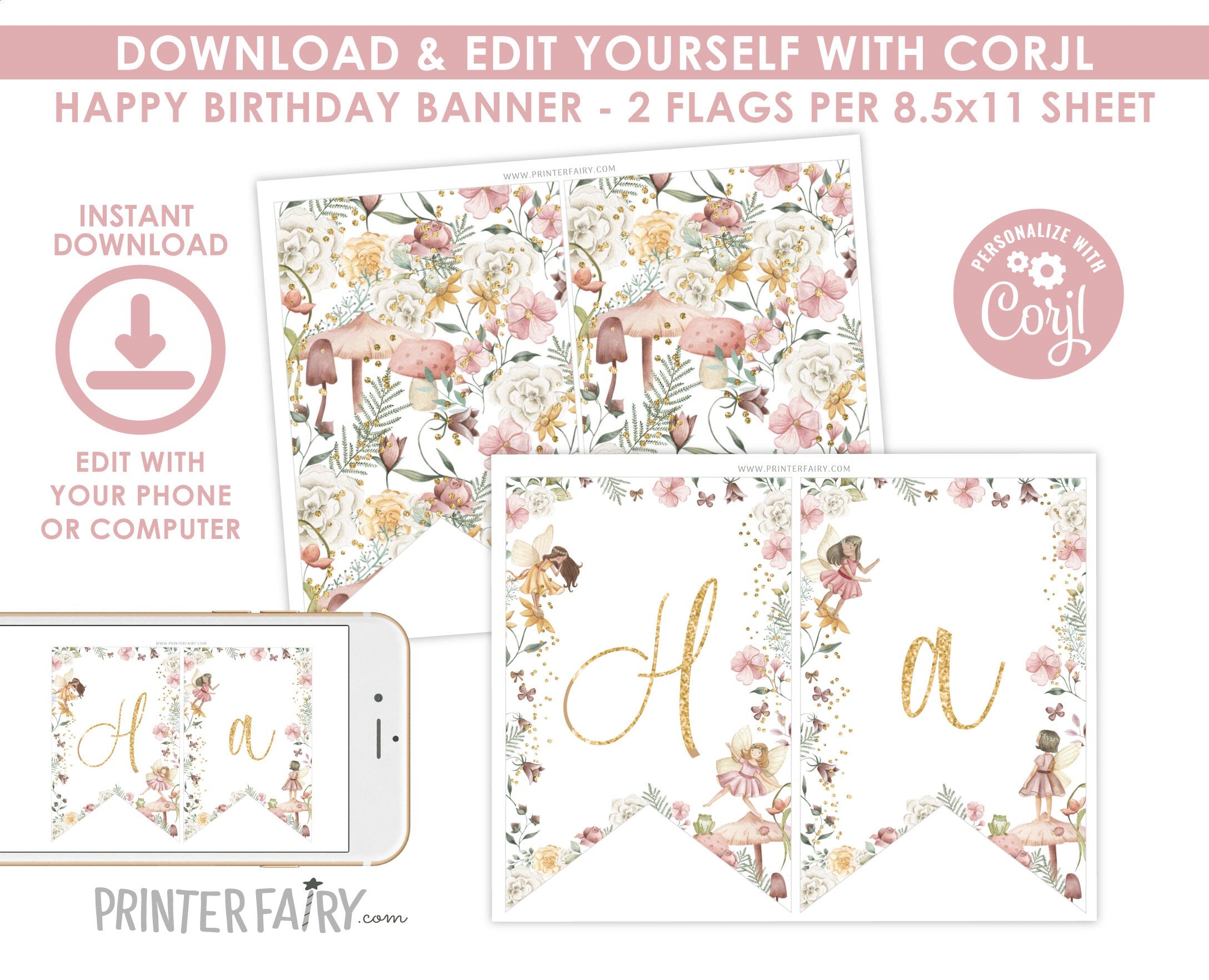 Fairy Birthday Banner, Floral Garden Party Decorations (Instant Download)