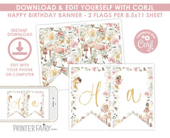 Fairy Birthday Banner, Floral Garden Party Decorations (Instant Download)