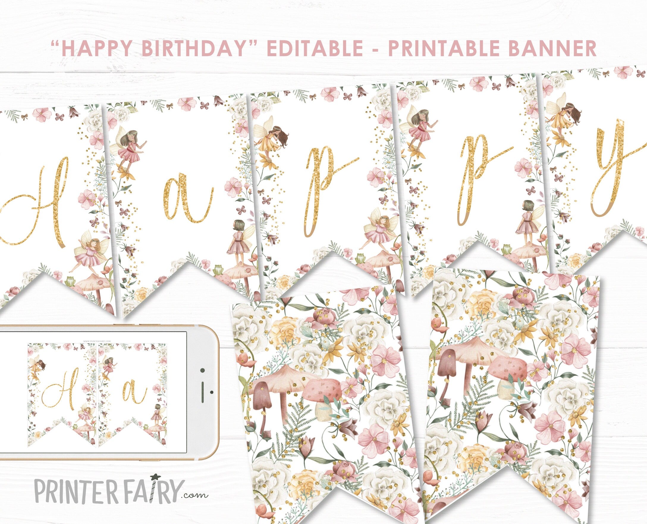 Fairy Birthday Banner, Floral Garden Party Decorations (Instant Download)
