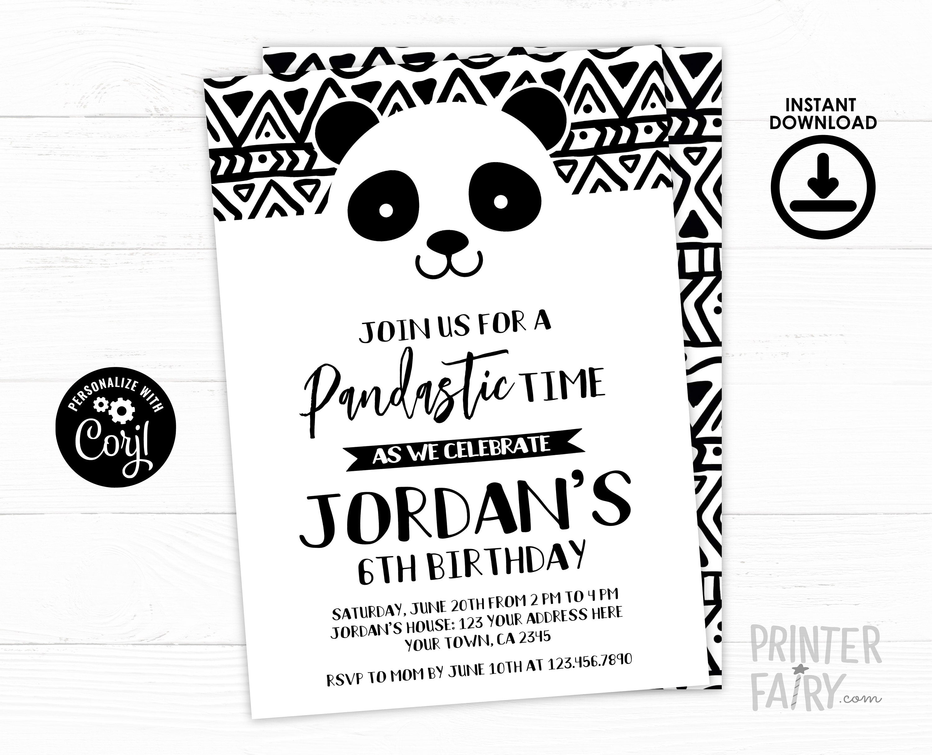 Panda Birthday Invitation Editable Template for any age, Black and White Party (Instant Download)