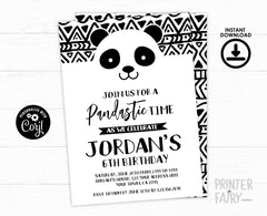 Panda Birthday Invitation Editable Template for any age, Black and White Party (Instant Download)