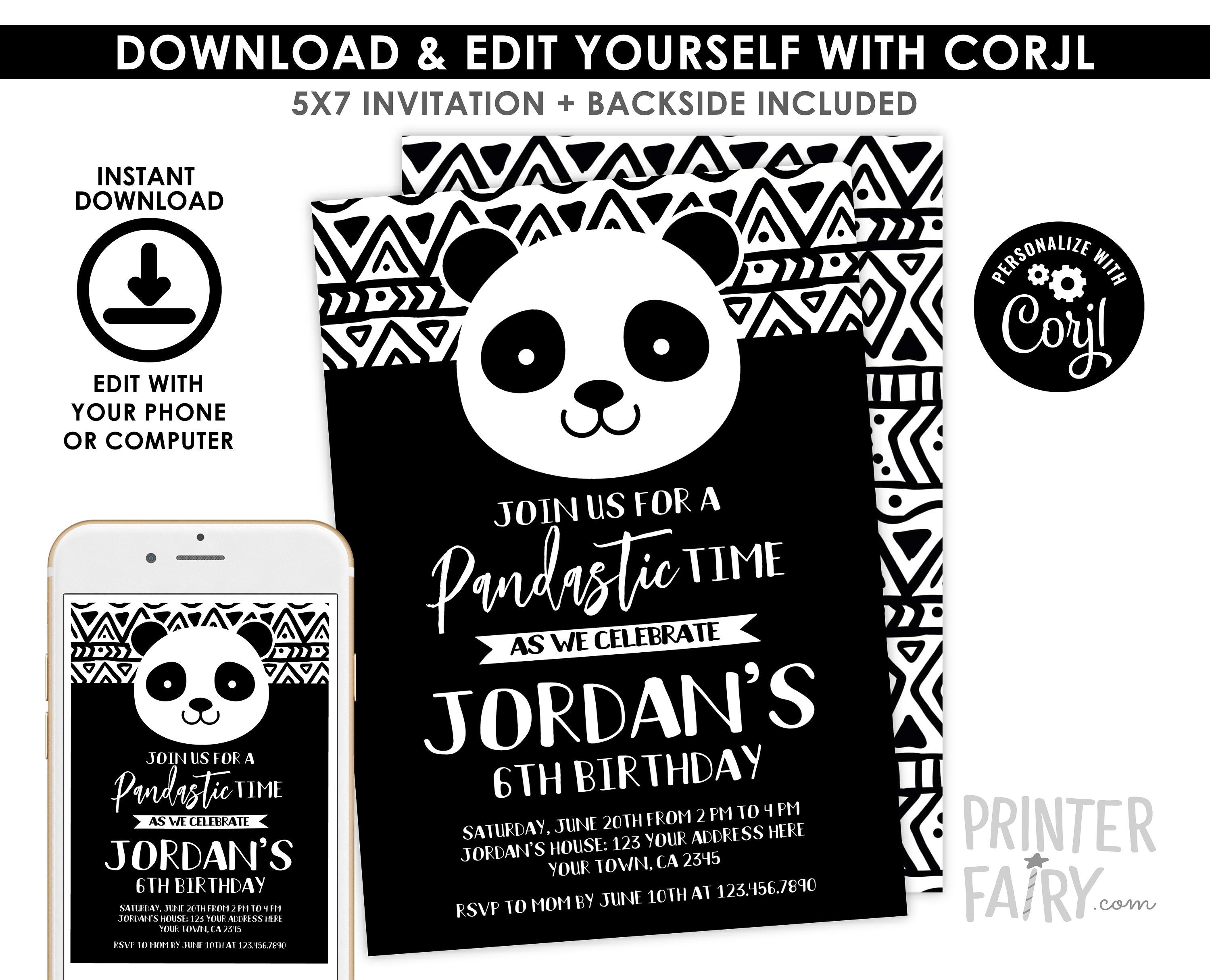 Panda Birthday Party Invitation Editable Template, Instant Download
