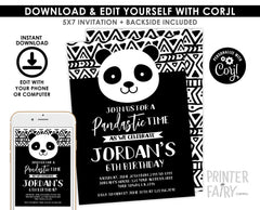Panda Birthday Party Invitation Editable Template, Instant Download