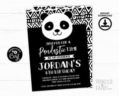 Panda Birthday Party Invitation Editable Template, Instant Download