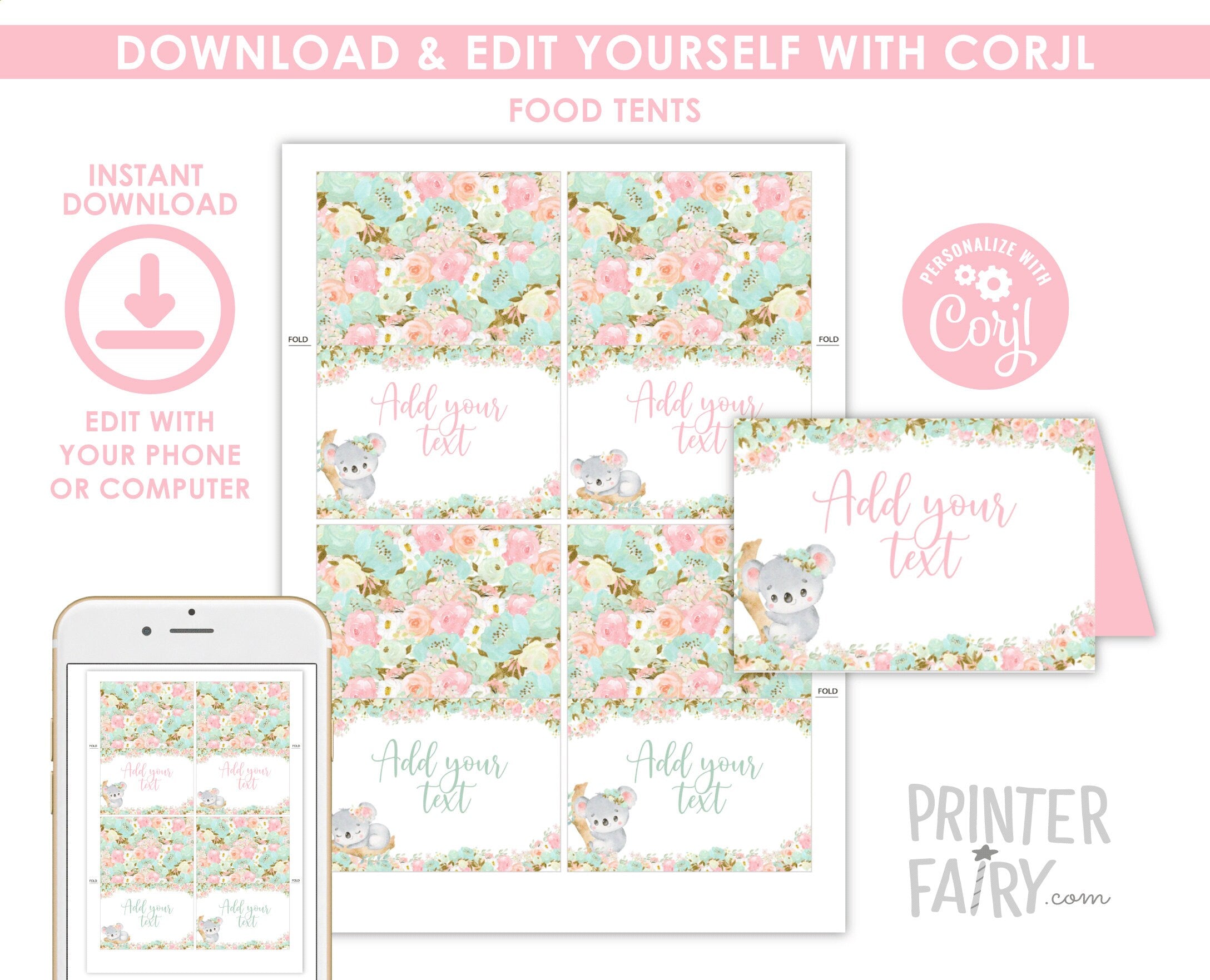 Koala Birthday Party Food Tent Cards Printable Editable Instant Download