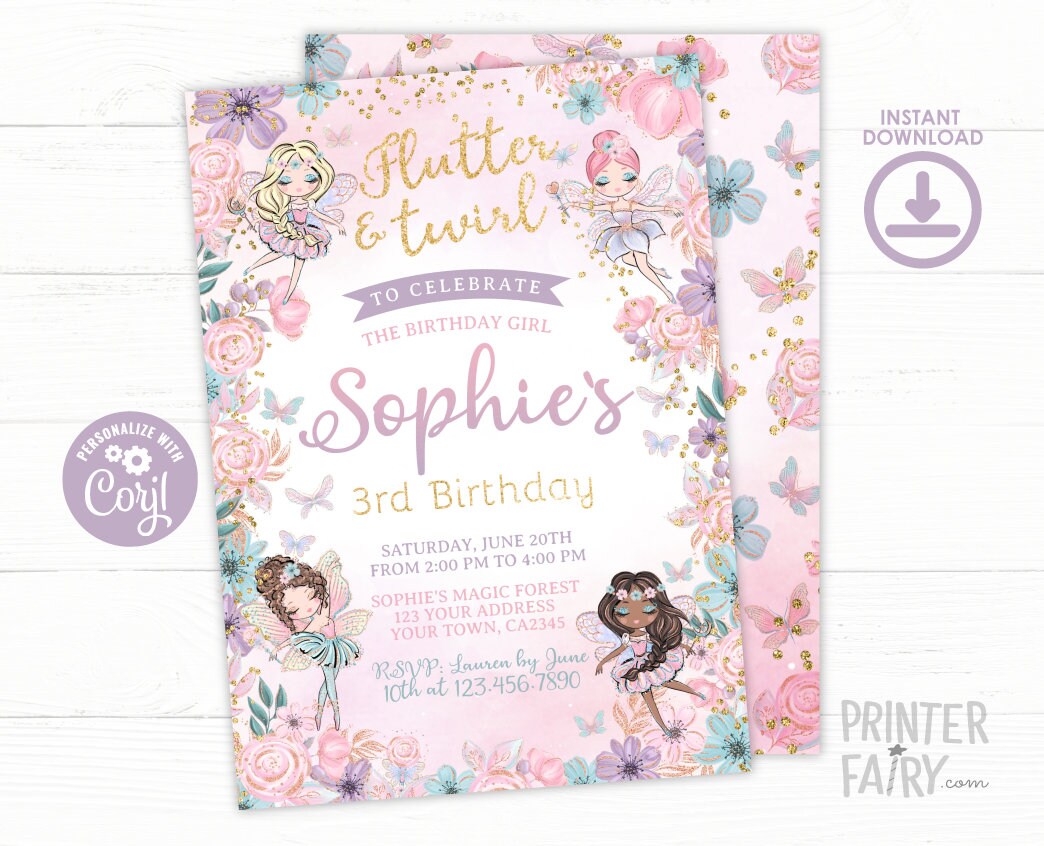 Fairy Ballerina Birthday Invitation, Editable Template (Digital Download)