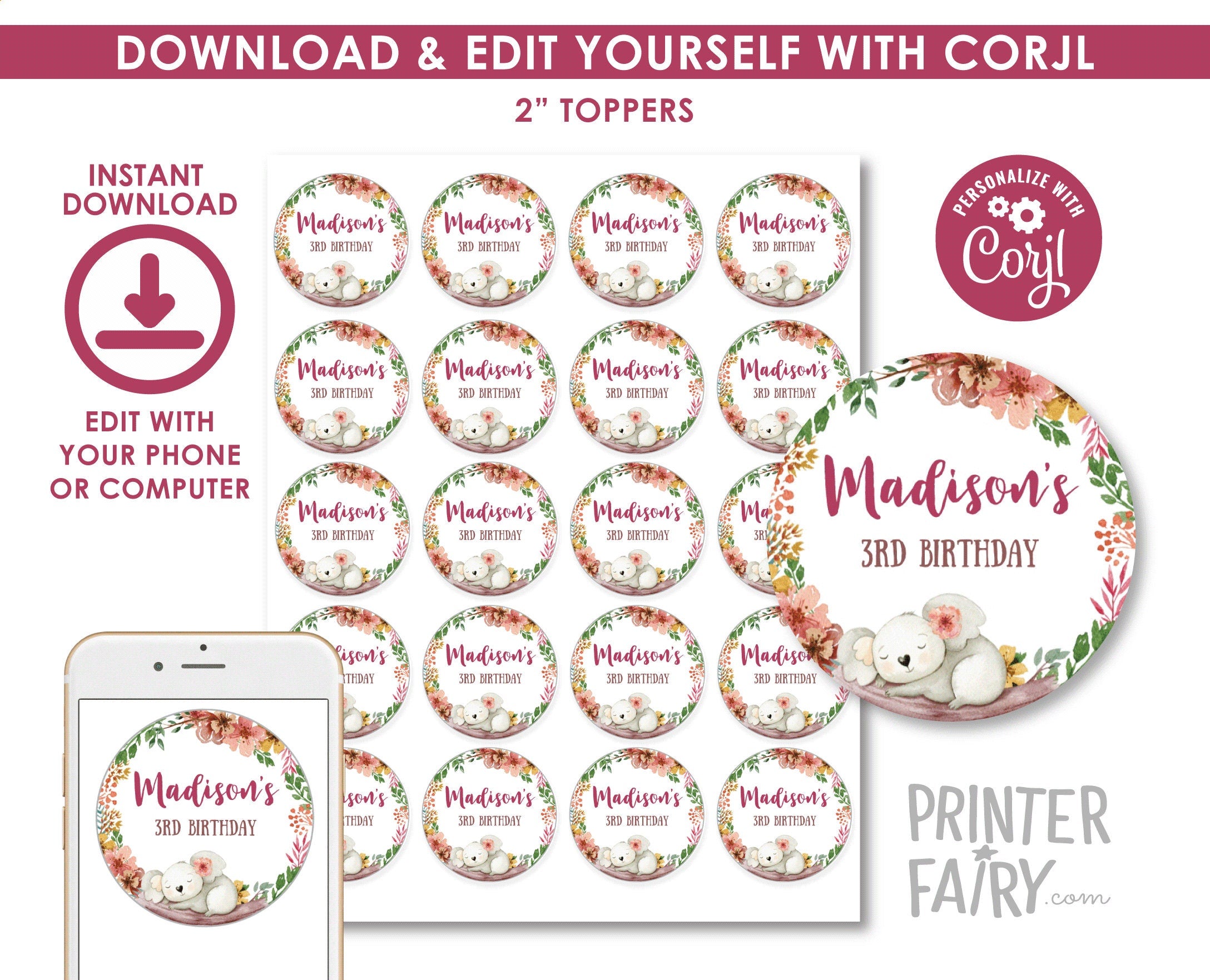 Editable Koala Birthday Toppers, Floral Labels (Instant Download)
