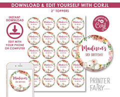 Editable Koala Birthday Toppers, Floral Labels (Instant Download)